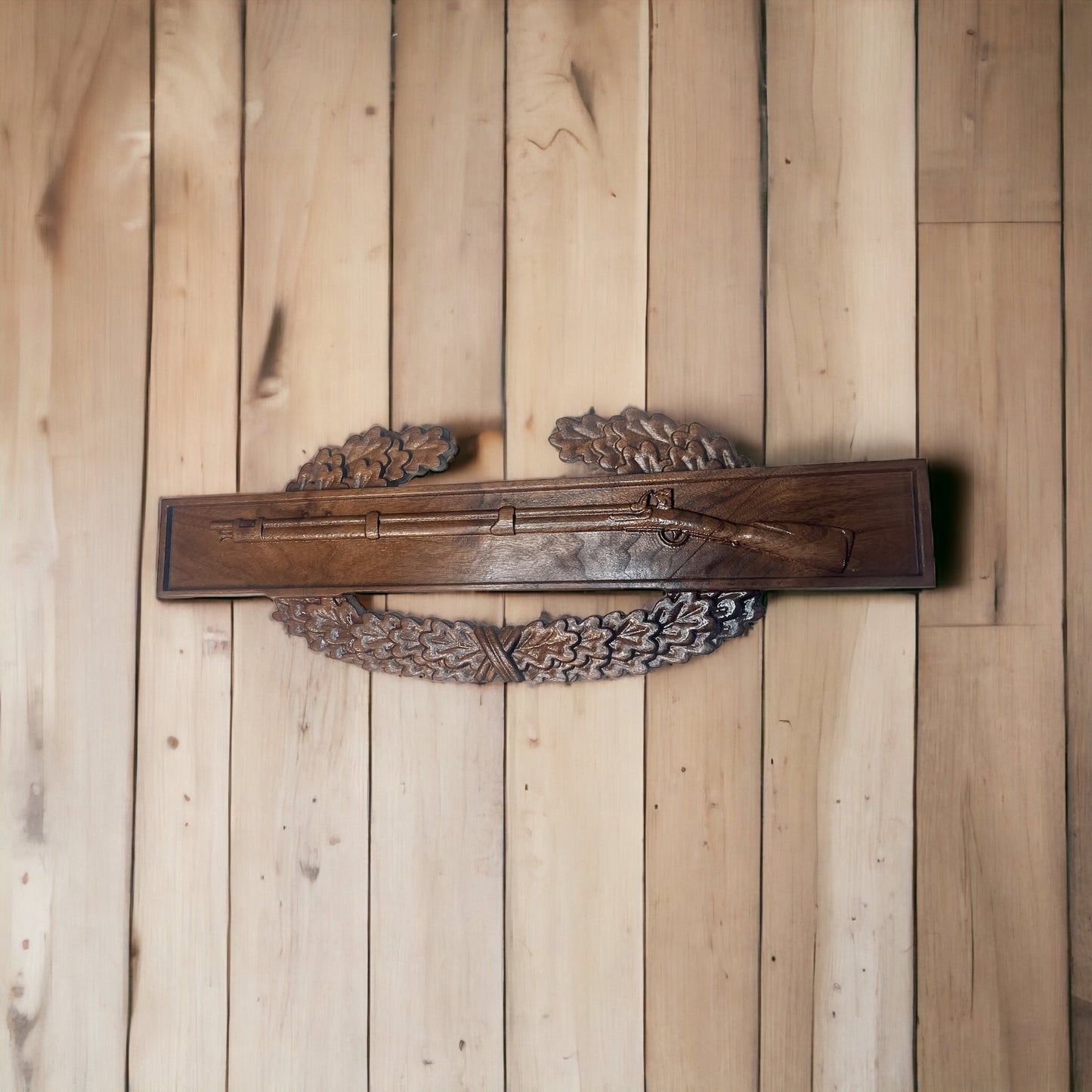 Walnut Combat Action Badge – CNC Carved 23” Hardwood Display