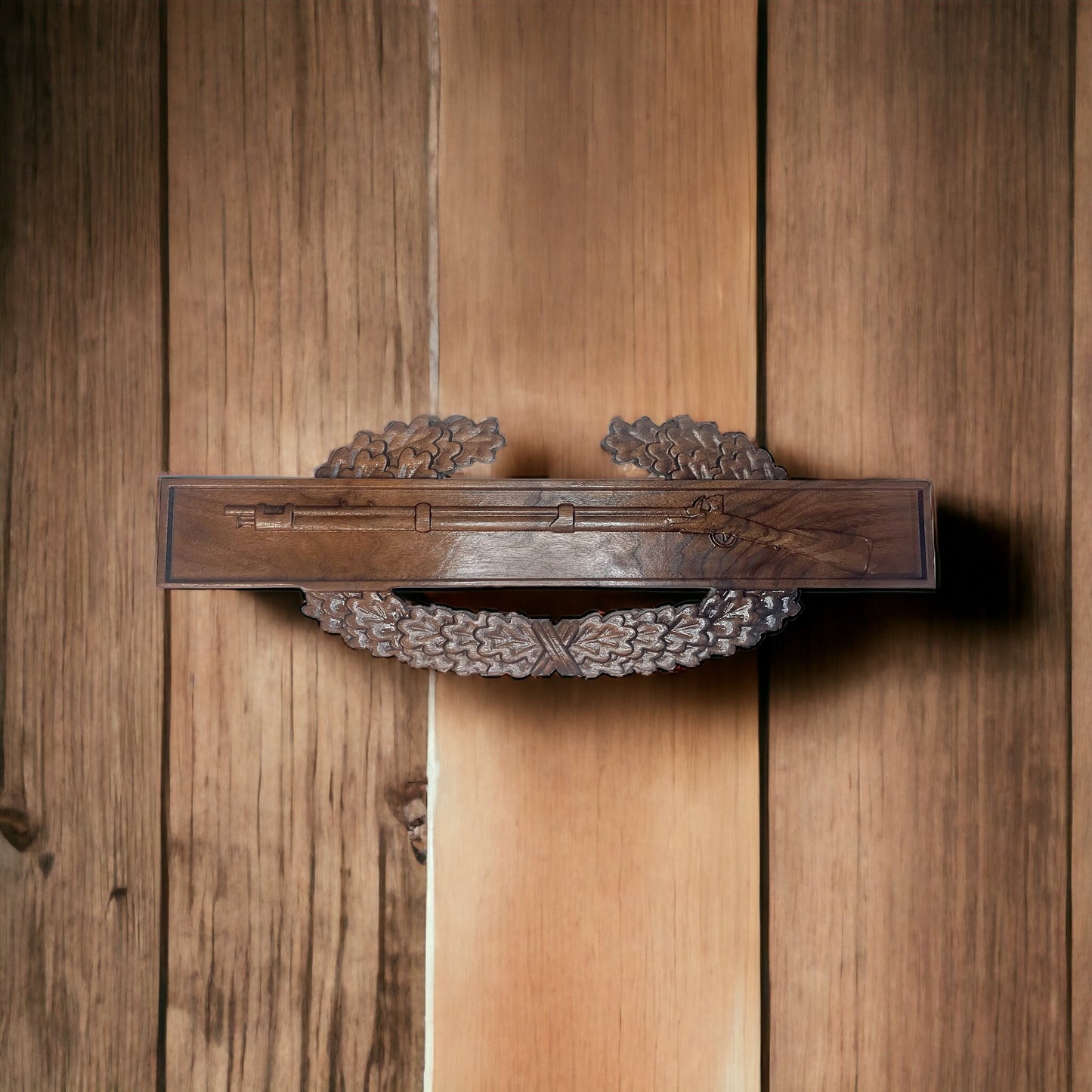 Walnut Combat Action Badge – CNC Carved 23” Hardwood Display