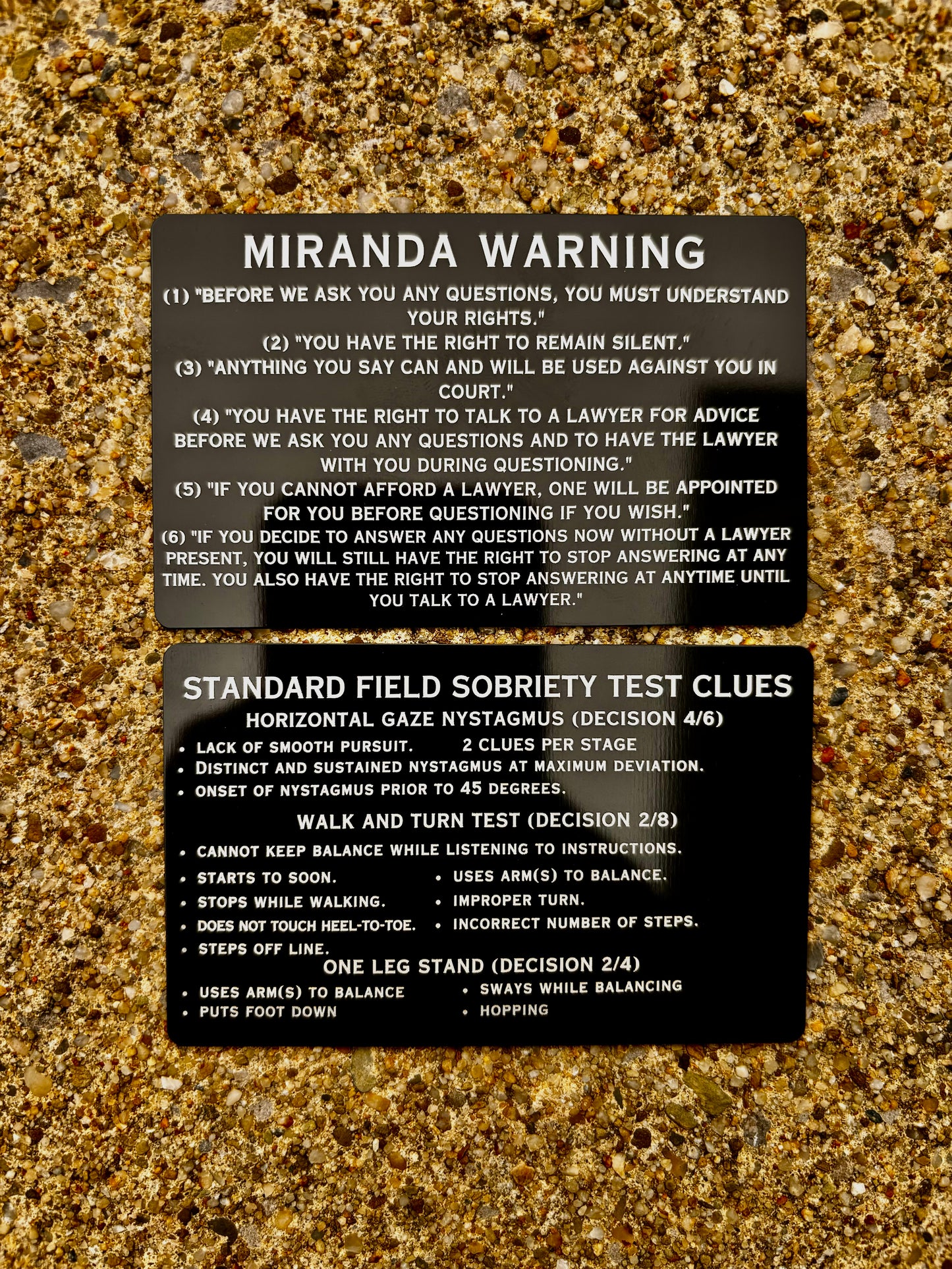 Aluminum Miranda Warning/SFST Card